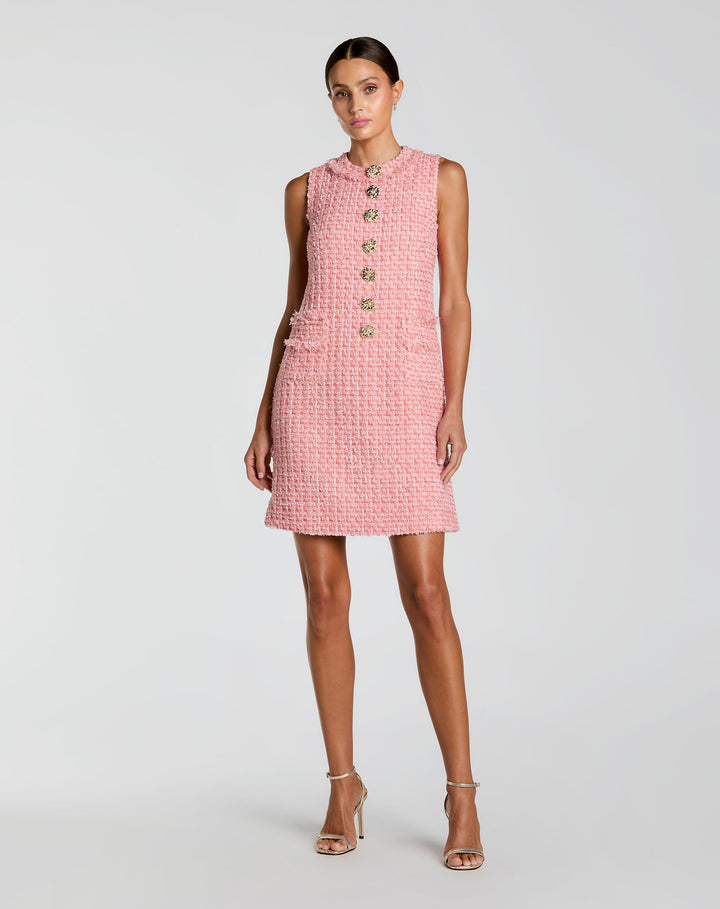 Pink Boucle Sleeveless Mini Dress with Gold Buttons - FOSTANI.com