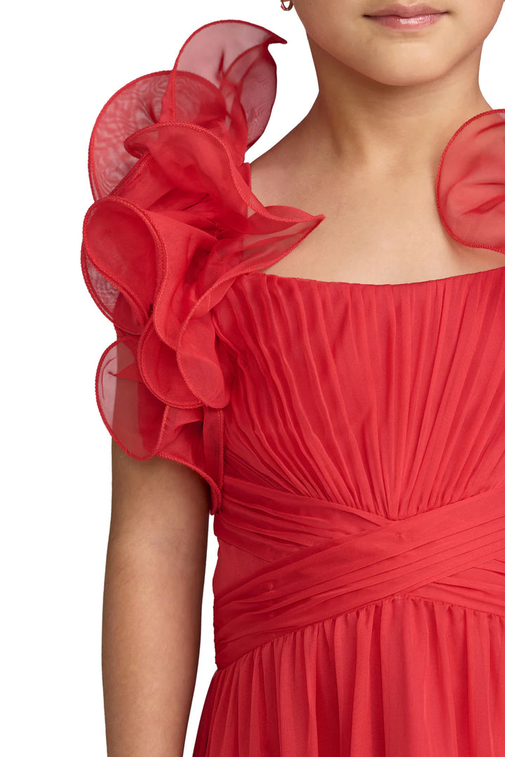 Mac Duggal 68669 Girls Pink Floral Chiffon Ruffle Shoulder Dress