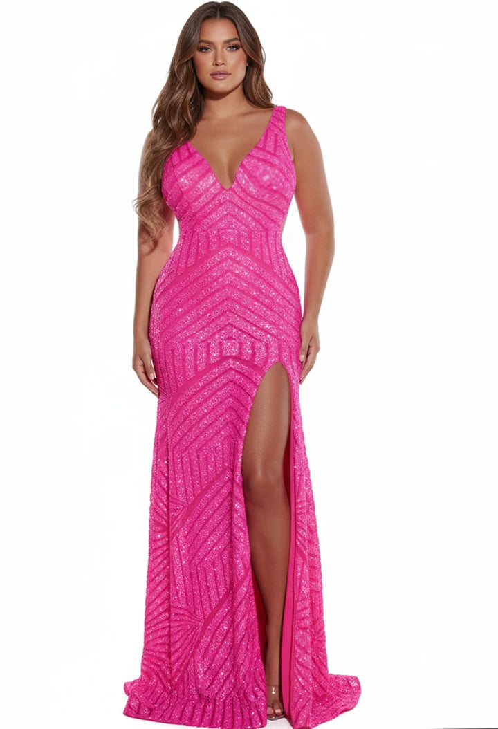 Jovani 38053 V-Neck Sleeveless Gown with High Slit and Sequins - FOSTANI.com