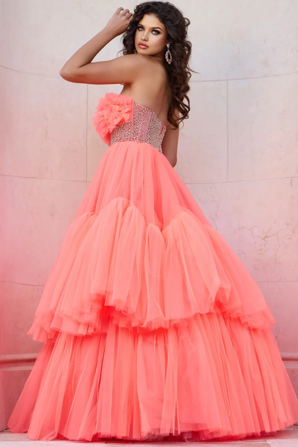 Jovani 38299 Strapless Tiered Ball Gown with Textured Bodice