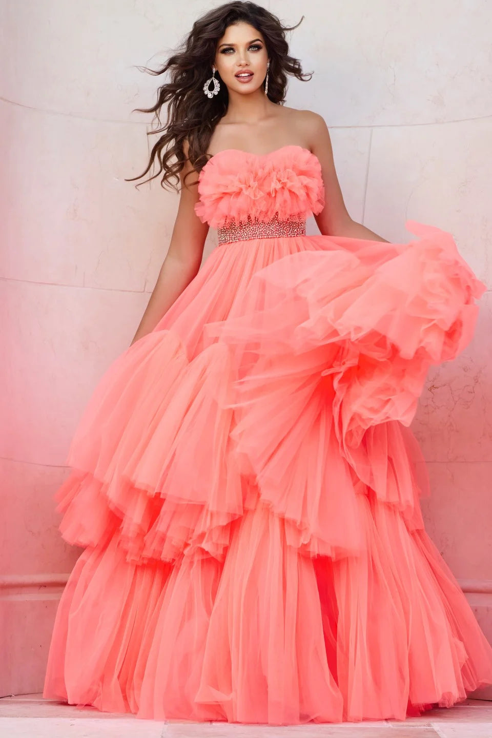 Jovani 38299 Strapless Tiered Ball Gown with Textured Bodice