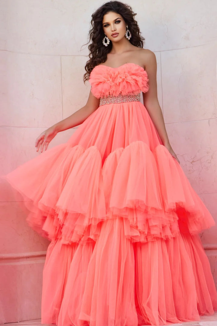 Jovani 38299 Strapless Tiered Ball Gown with Textured Bodice