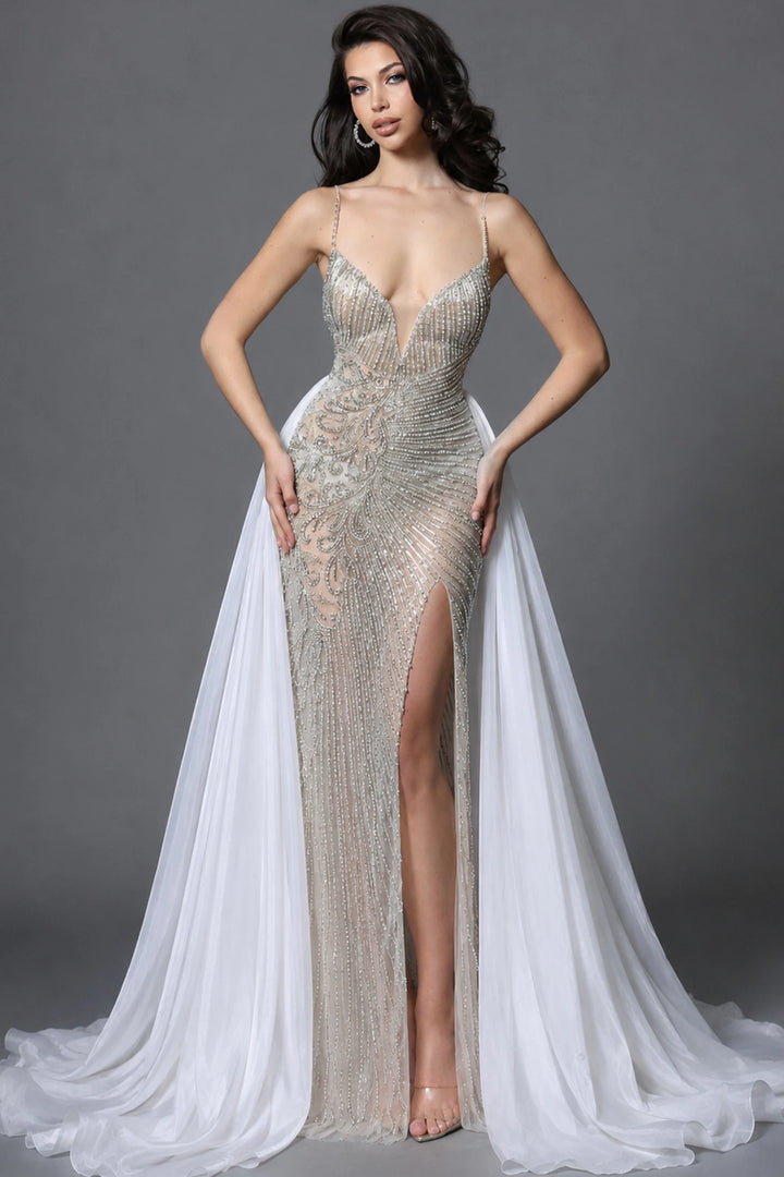 Jovani 38860 Beaded Dress with Plunging Neckline and Overskirt