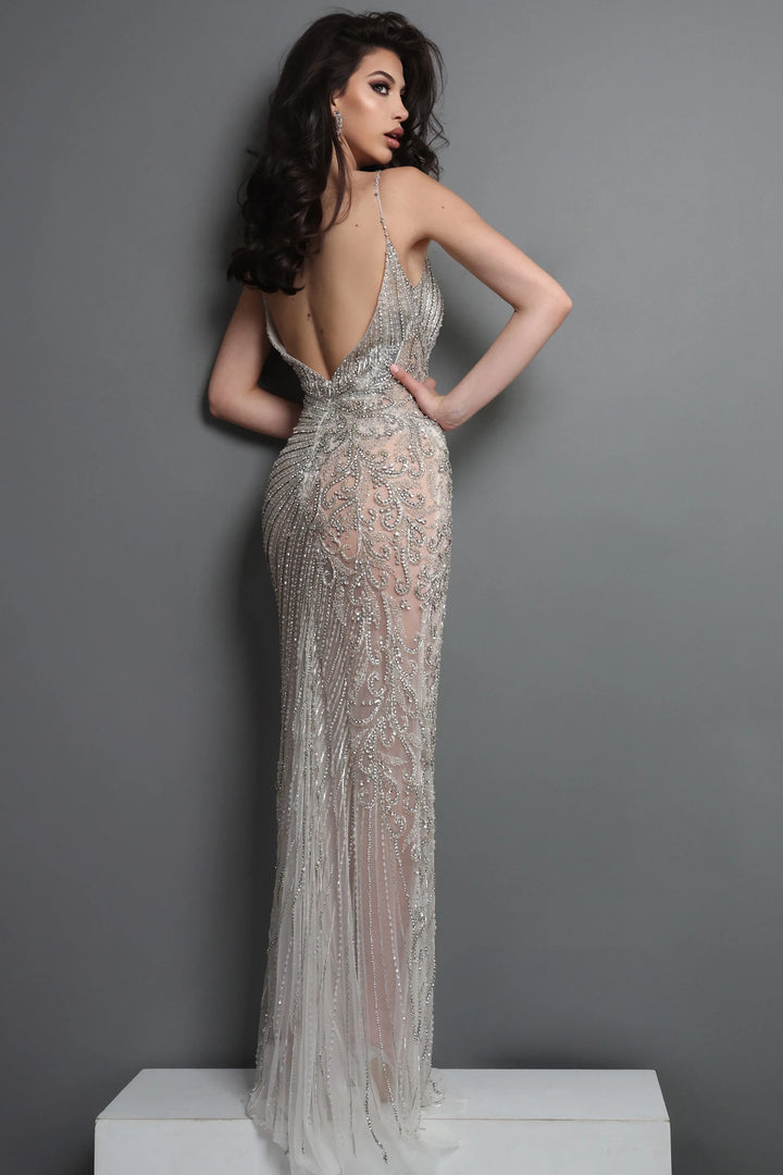 Jovani 38860 Beaded Dress with Plunging Neckline and Overskirt