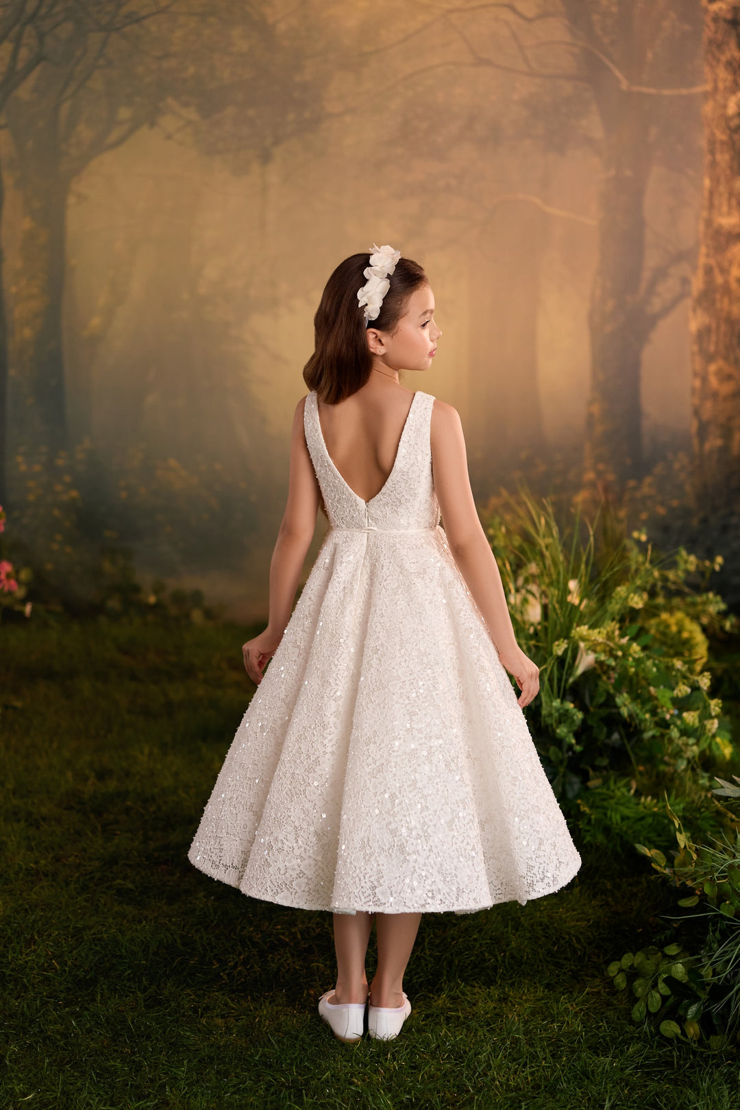 Pentelei 3930 Sequin Lace Tea-Length Dress with Optional Cape Kids Dress