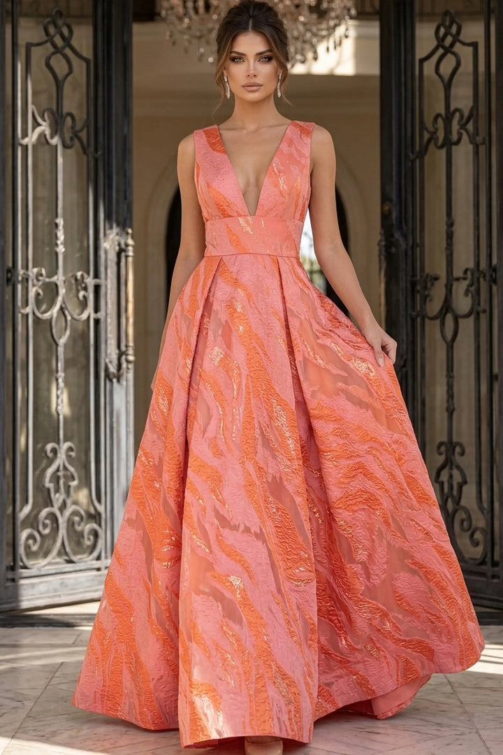 Jovani 41136 plunging V-neck A-line evening gown with metallic print front view