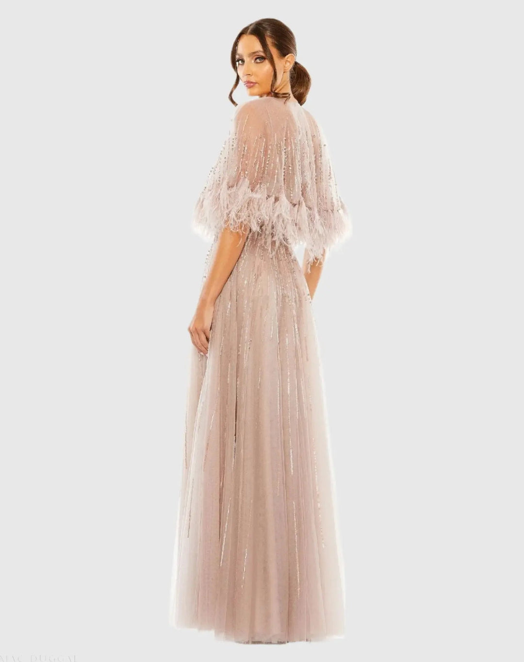 Mac Duggal 42098 Beige Embellished A Line Gown with Feather Detail Cape