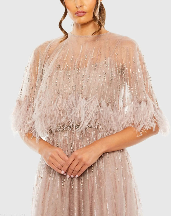 Mac Duggal 42098 Beige Embellished A Line Gown with Feather Detail Cape