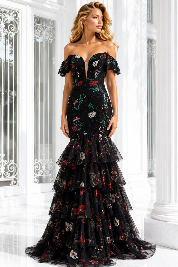 Jovani 43941 Floral Embroidered Mermaid Gown with Tiered Tulle Skirt