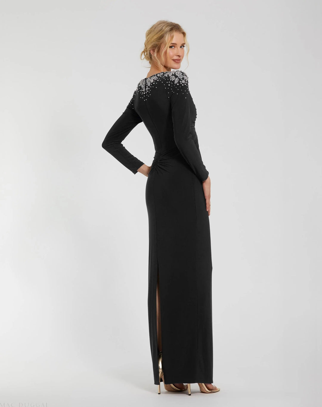 Mac Duggal 44063A Jersey V-Neck Faux Knot Gown with Beaded Shoulders