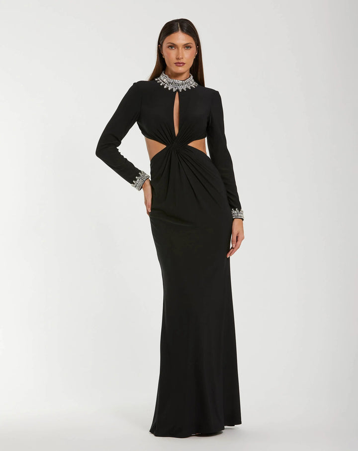 Mac Duggal 44155 Black Embellished Jersey Long Sleeve Cut Out Evening Gown