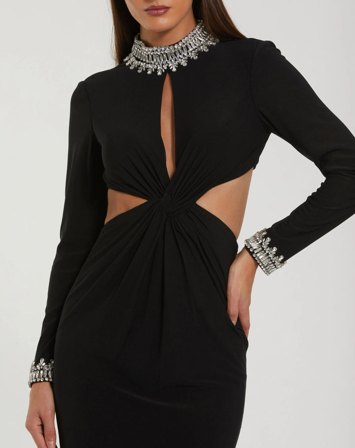 Mac Duggal 44155 Black Embellished Jersey Long Sleeve Cut Out Evening Gown