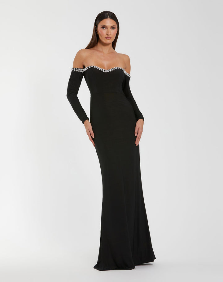 Mac Duggal DRAPES Black Long Sleeve Off The Shoulder Mermaid Gown