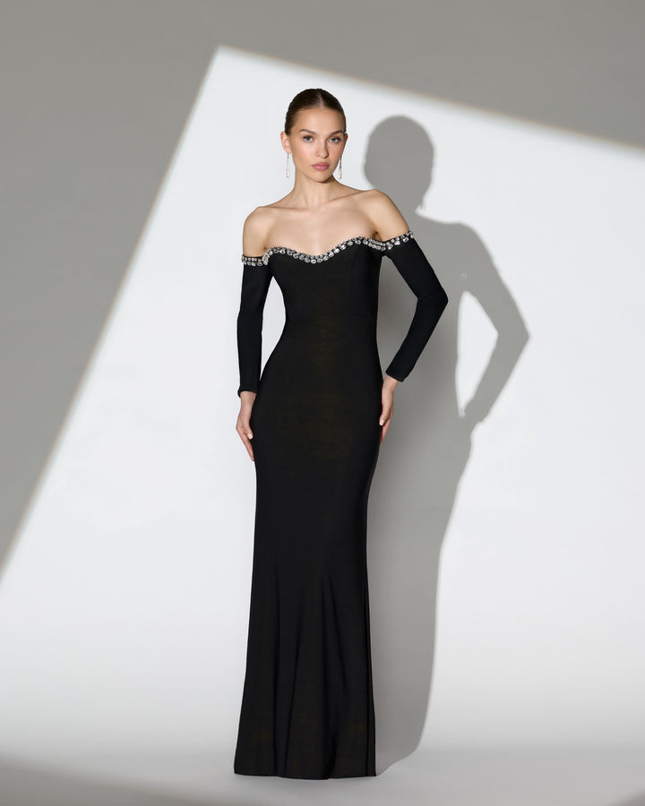 Mac Duggal DRAPES Black Long Sleeve Off The Shoulder Mermaid Gown