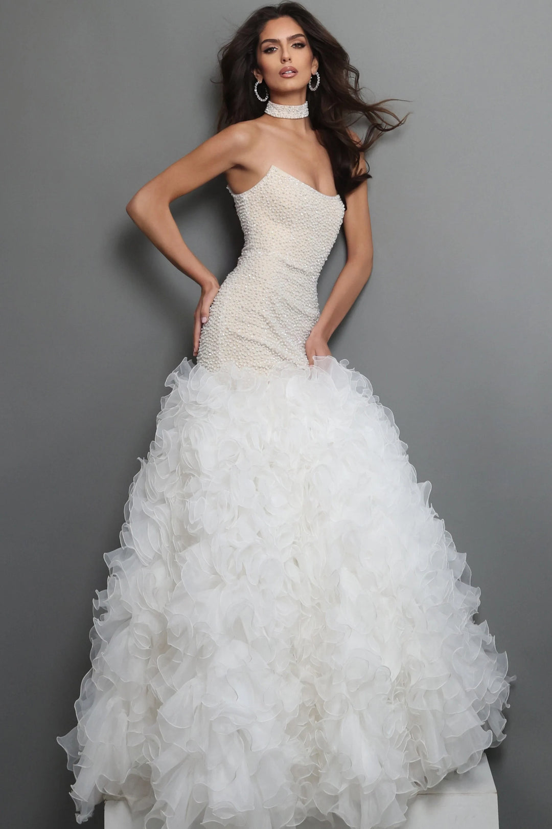 Jovani 45339 Pearl Beaded Strapless Mermaid Bridal dress