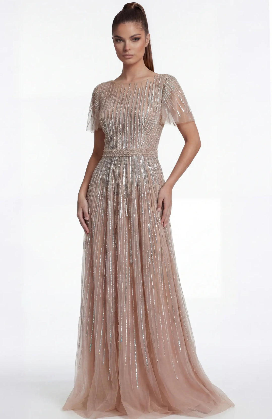 Jovani 46063 embellished A-line gown with flutter sleeves front view