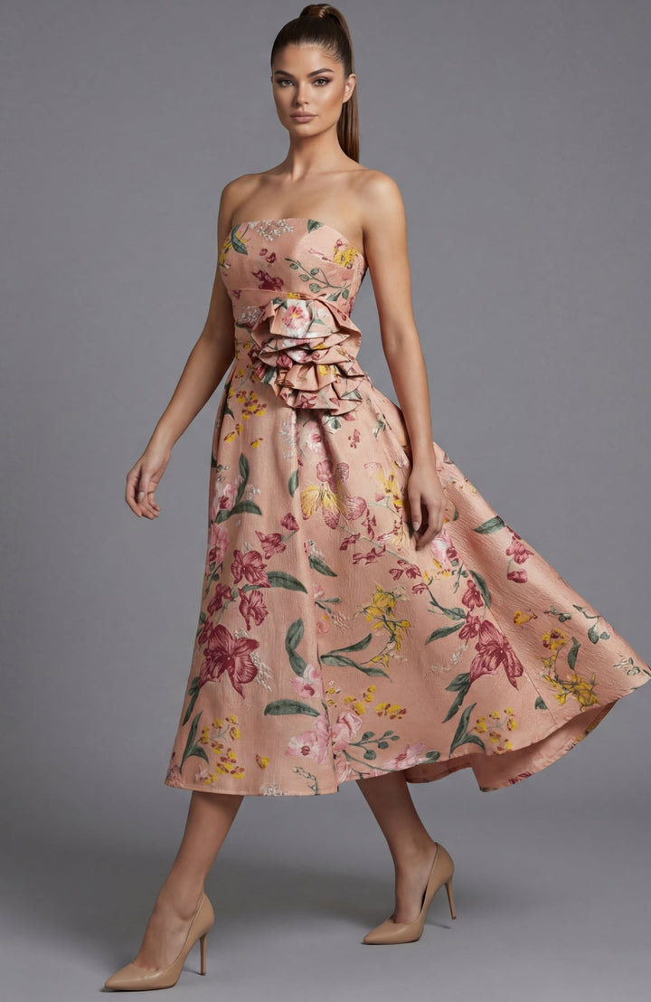 Jovani 46241 strapless floral A-line midi dress with waist bow
