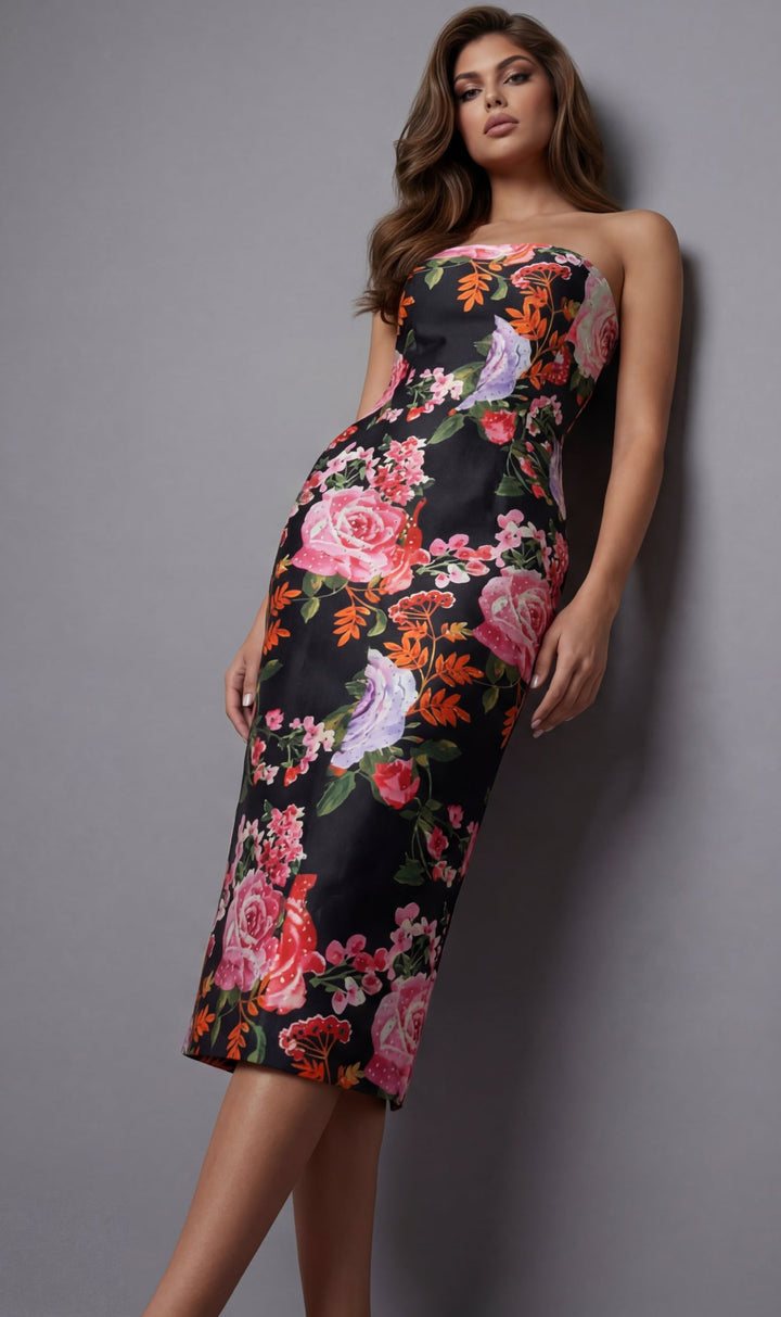 Jovani 46565 Strapless Floral Midi Dress With Fitted Silhouette