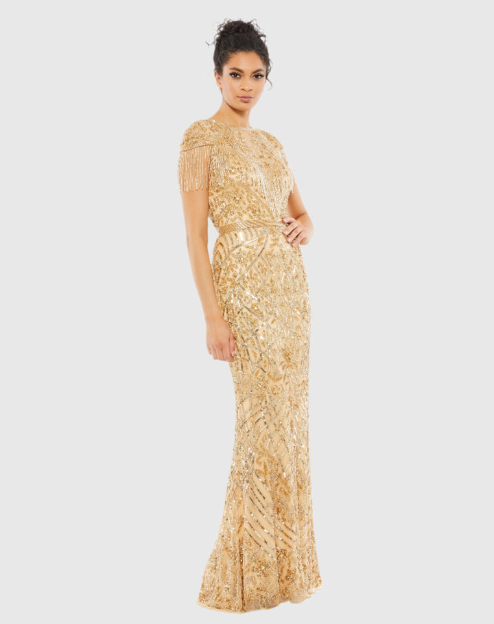 Mac Duggal 4715 Embellished Fringe Cap Sleeve Trumpet Gown