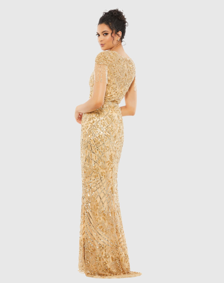 Mac Duggal 4715 Embellished Fringe Cap Sleeve Trumpet Gown