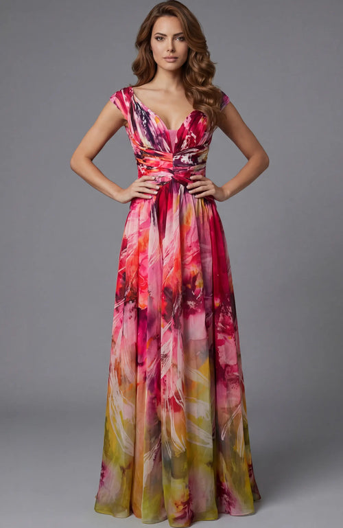 Jovani 47499 V-Neck Floral Print A-Line Gown with Draped Bodice