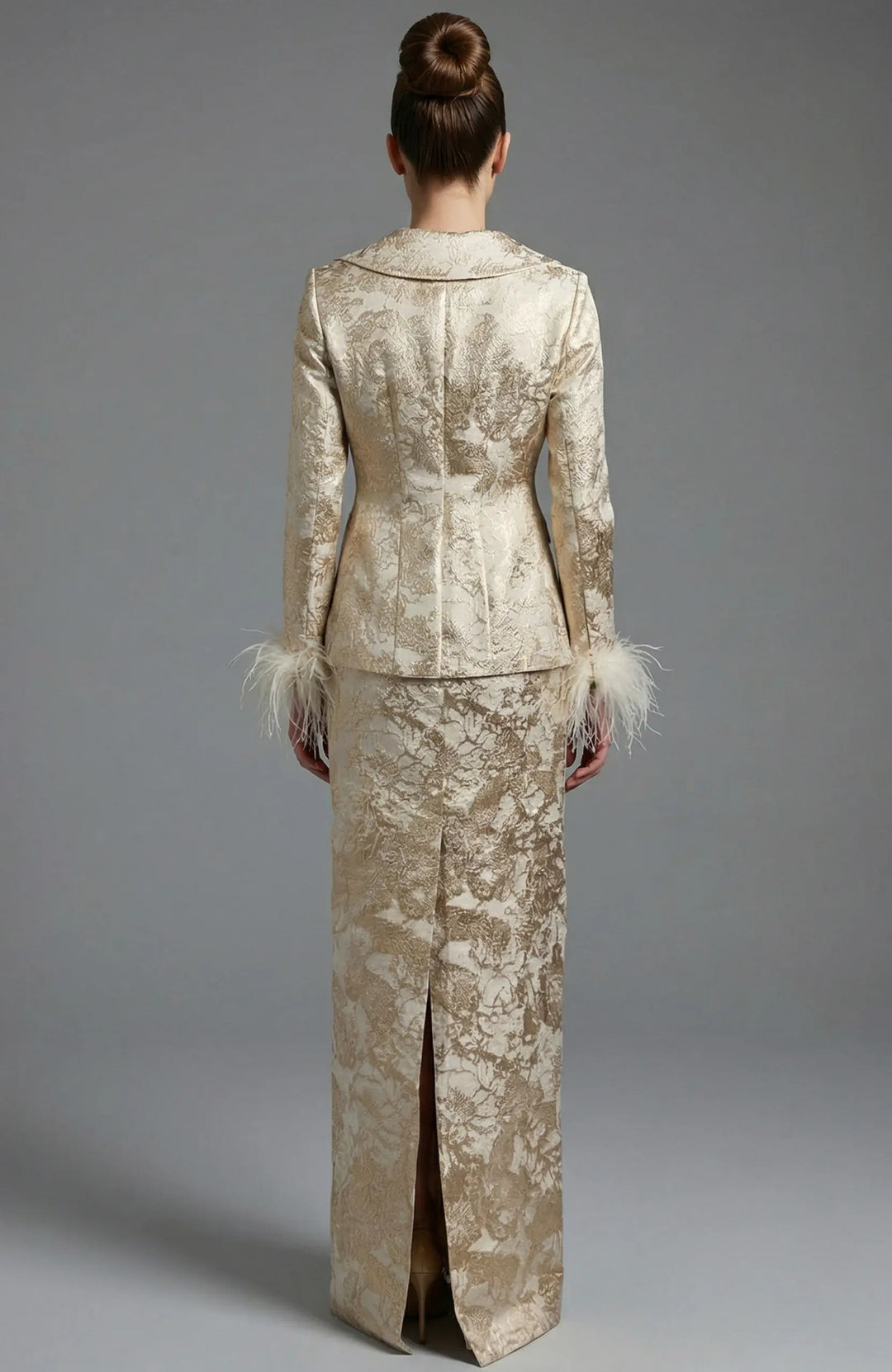 Jovani 48224 brocade jacket and column skirt ensemble view 2
