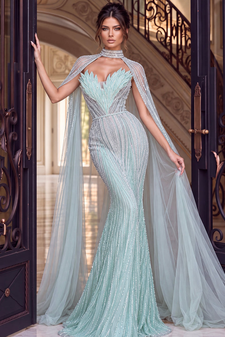 Jovani 48421 Beaded Mermaid Gown with High Collar Cape front view