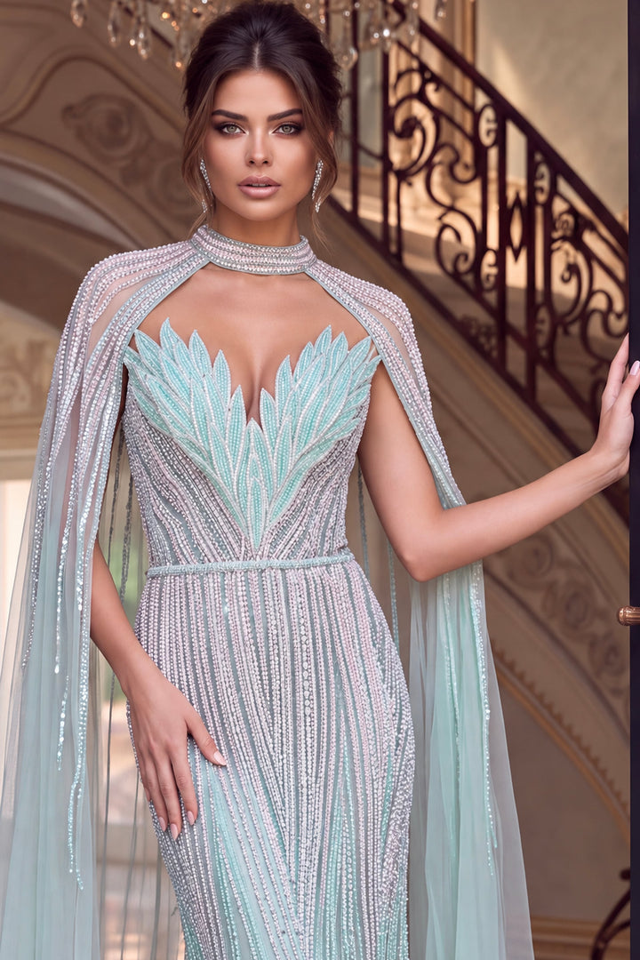 Jovani 48421 Beaded Mermaid Gown with High Collar Cape bodice and collar detail