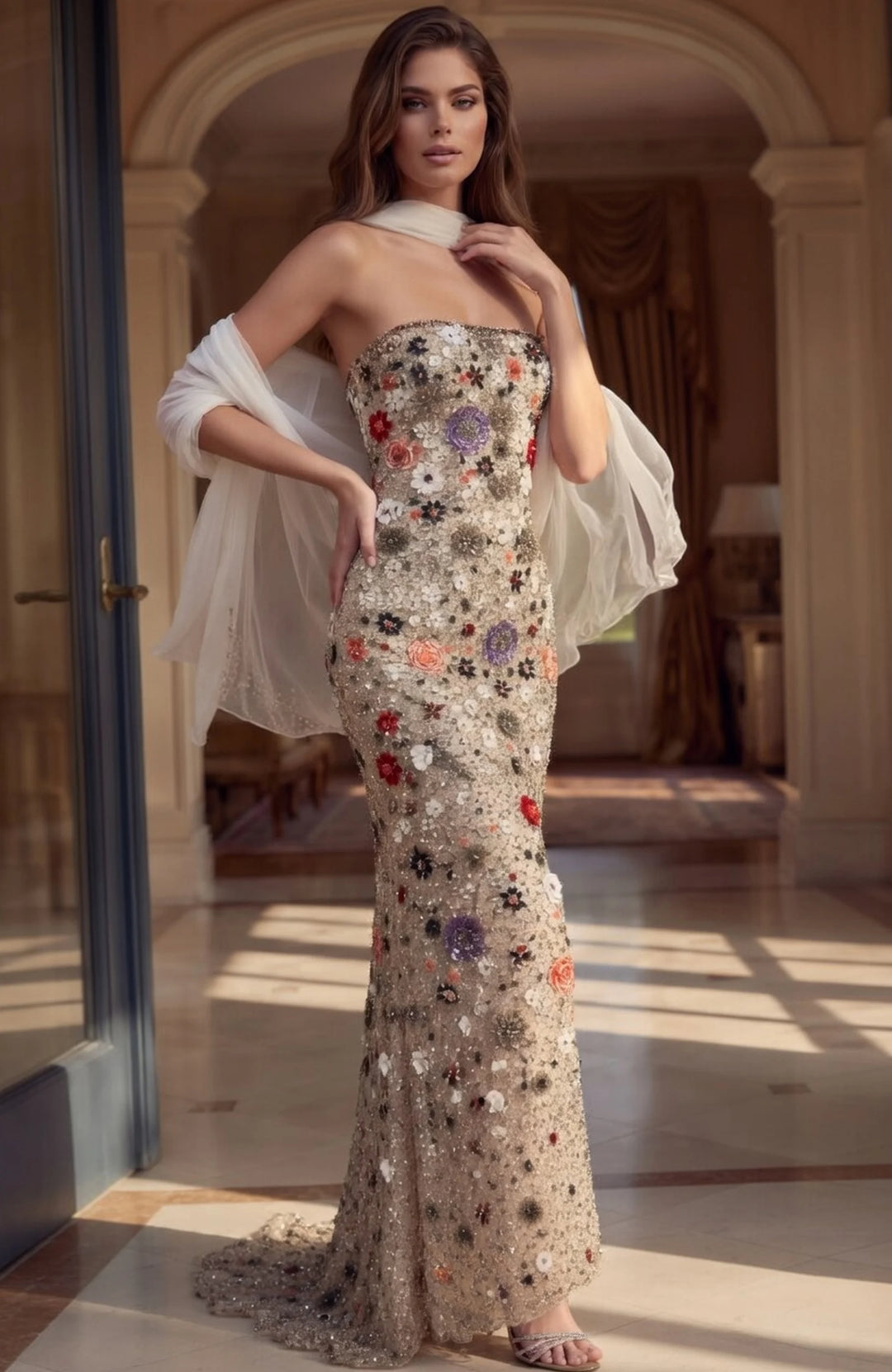 Jovani 48587 Strapless Floral Embroidered Sequin Mermaid Gown