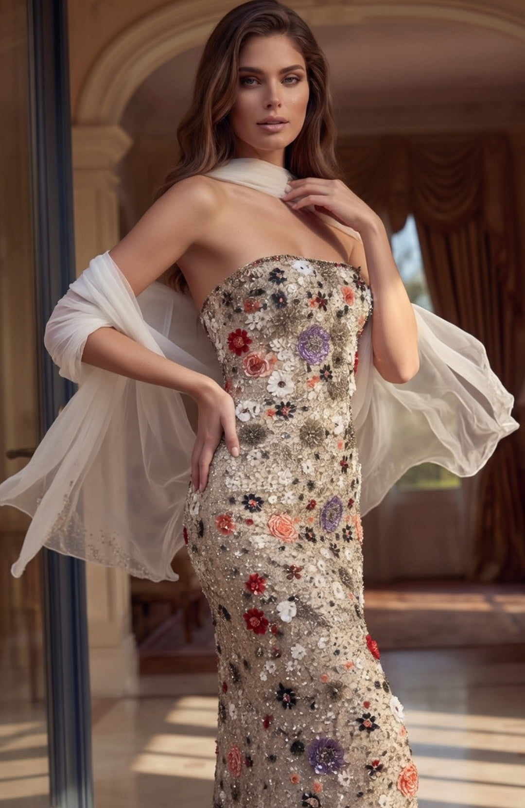 Jovani 48587 Strapless Floral Embroidered Sequin Mermaid Gown
