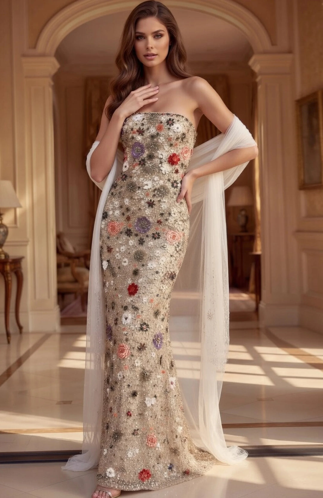 Jovani 48587 Strapless Floral Embroidered Sequin Mermaid Gown