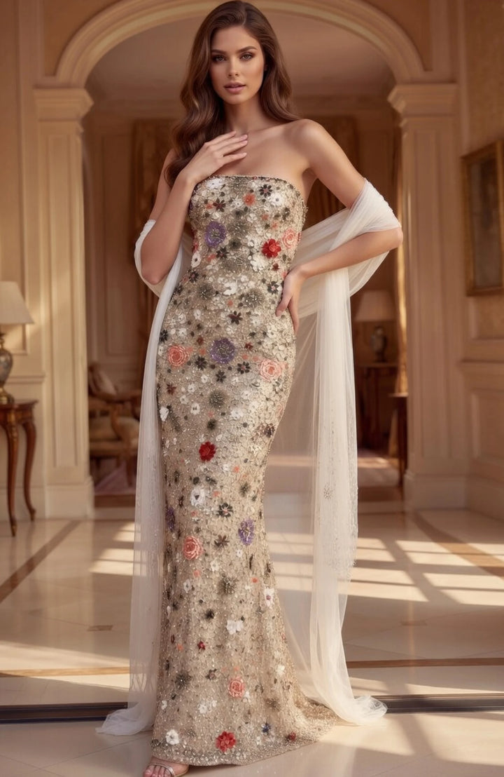 Jovani 48587 Strapless Floral Embroidered Sequin Mermaid Gown