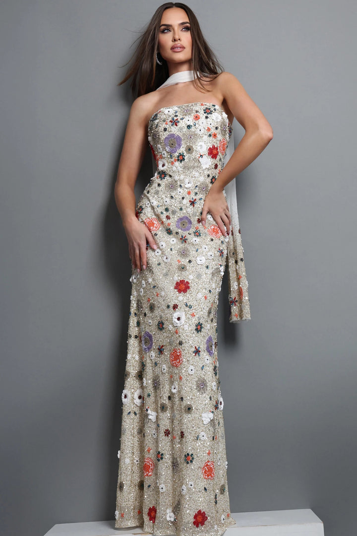 Jovani 48587 Strapless Floral Embroidered Sequin Mermaid Gown