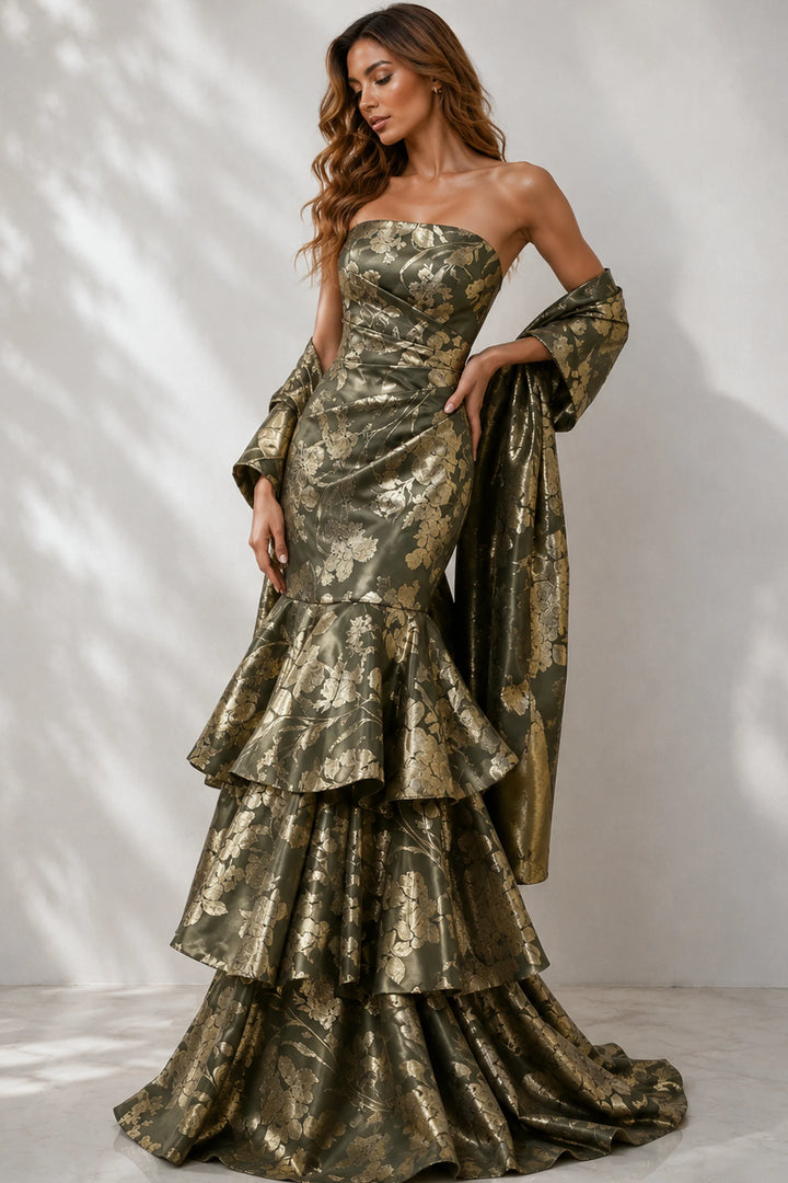 Jovani 49031 Floral Brocade Tiered Mermaid Gown