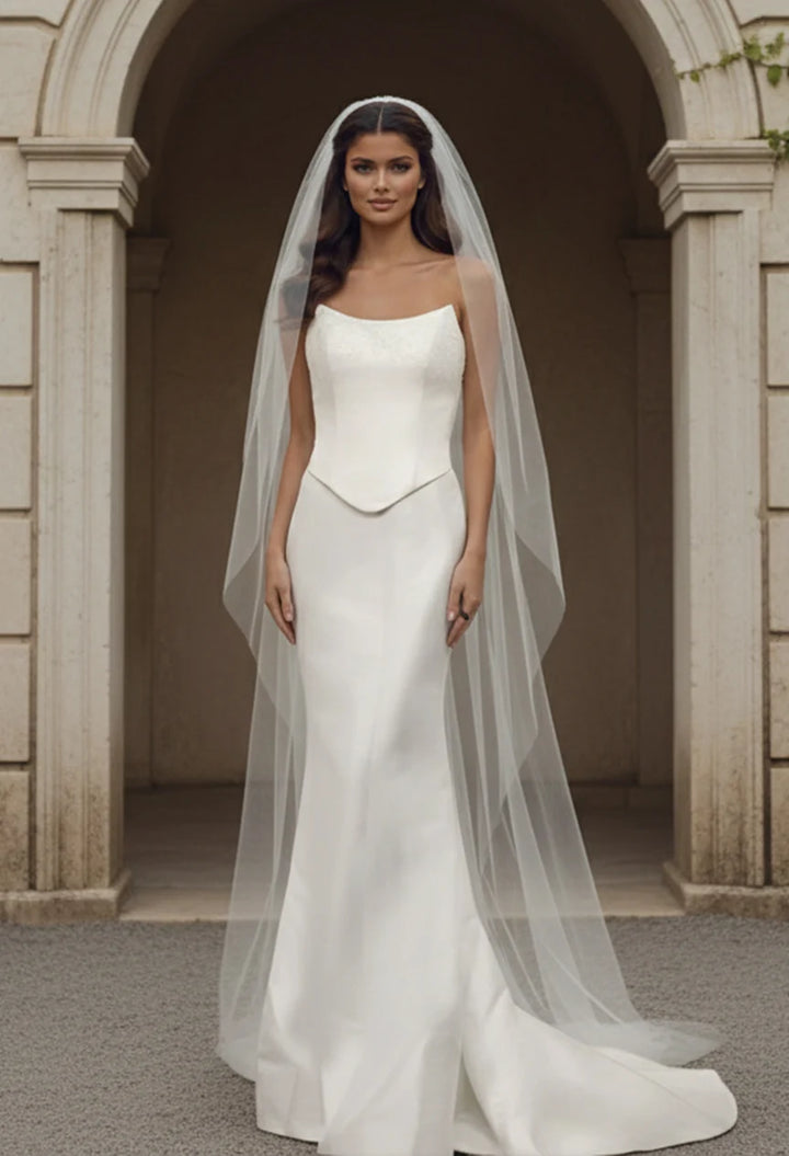 Jovani JB49077 Strapless Crepe Bridal Gown With Button Detail Train