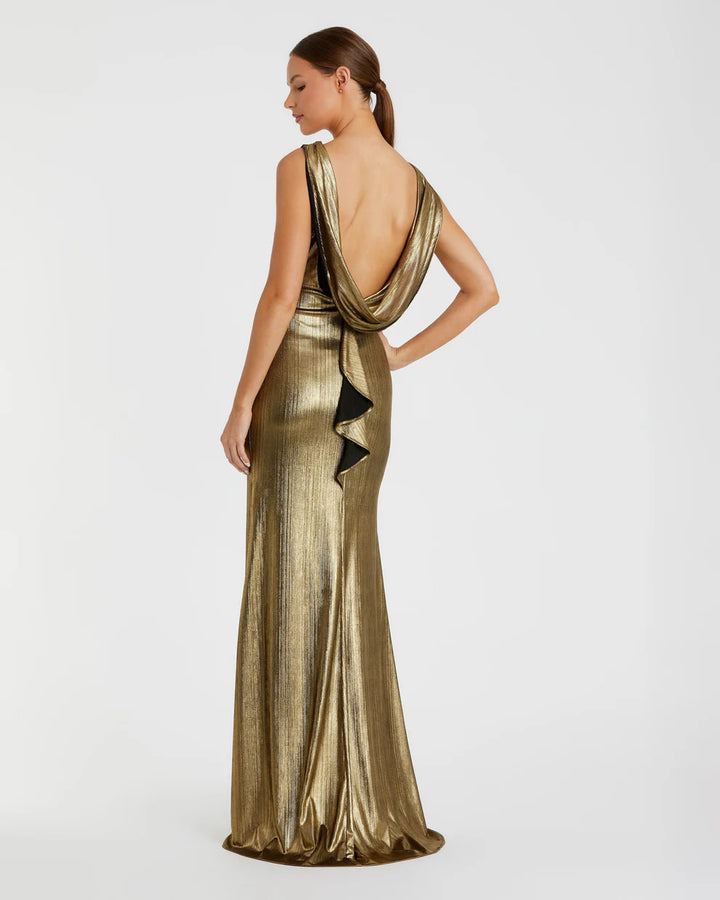 Mac Duggal 9949087P Petite Black Metallic Jersey Cowl Back Column Gown