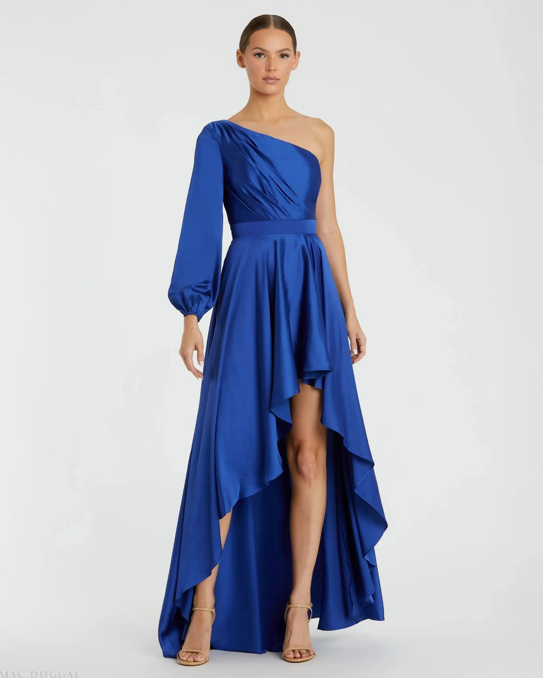 Mac Duggal 49141 Dark Blue Long Sleeve One Shoulder Satin High Low A-line Gown