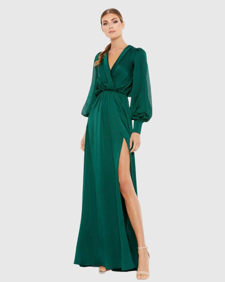 Mac Duggal 49146 Bishop Sleeve Faux Wrap Gown