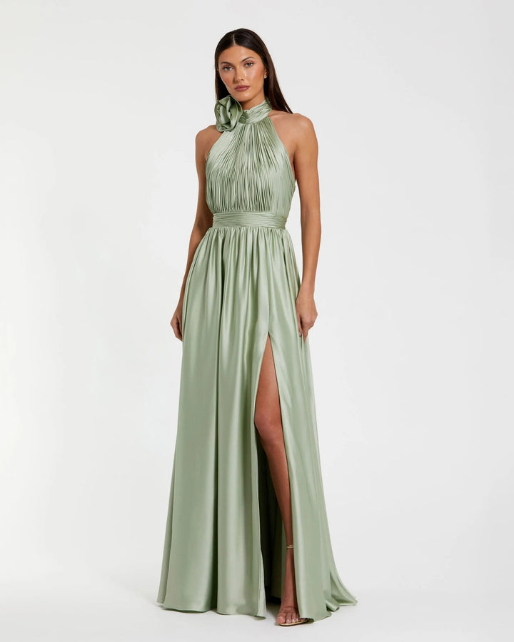 Mac Duggal 49333 Halter Neck Open Back Satin Gown with Slit