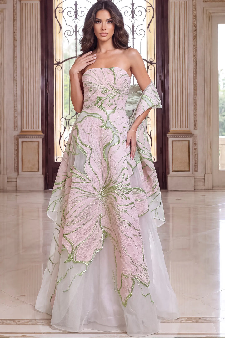 Jovani 49343 strapless floral appliqué ball gown view 3