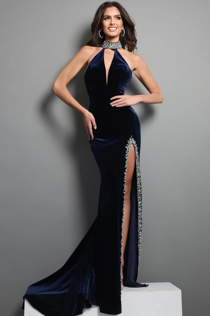 Jovani 49345 Velvet Halter Gown with Beaded Slit and Open Back