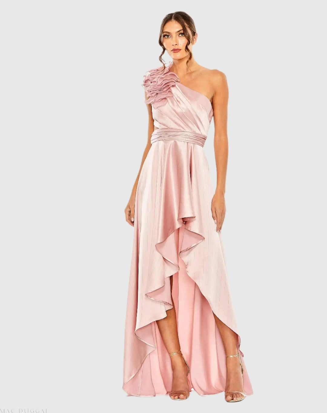 Mac Duggal 49523 Ruffled One Shoulder Cut Out Hi-Low Gown