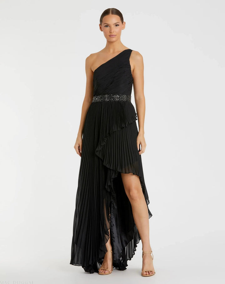 Mac Duggal 49532 Pleated One Shoulder Asymmetrical Ruffle Hem Gown