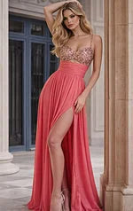 Jovani 49546 Chiffon Gown with Beaded Bodice and High Slit - FOSTANI.com
