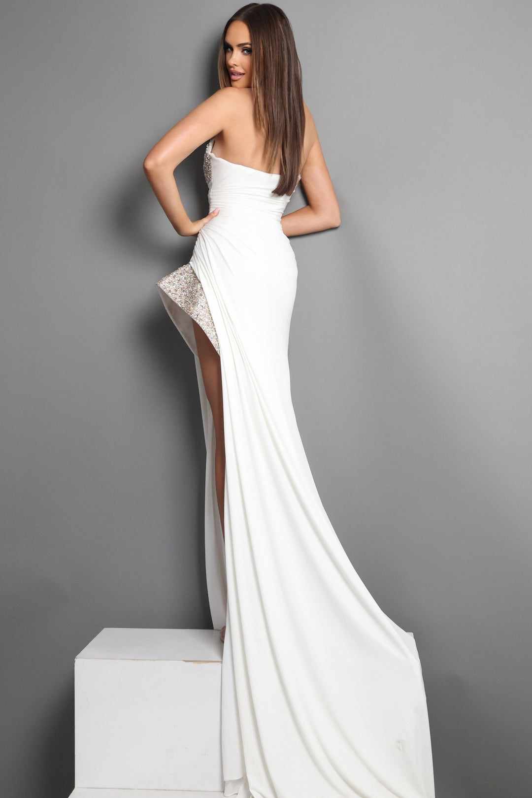 Jovani 49577 Beaded Bodice High Slit Sheath Dress