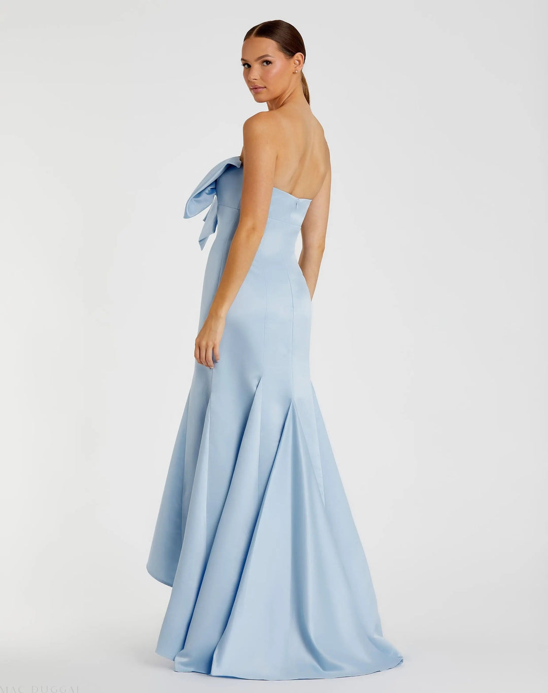 Mac Duggal SATIN Light Blue Strapless Bow Mermaid Gown