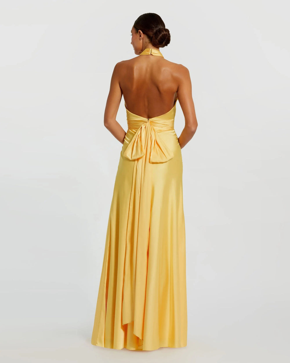 Yellow Ruched Halter Neck Tie Back Satin Gown - FOSTANI.com