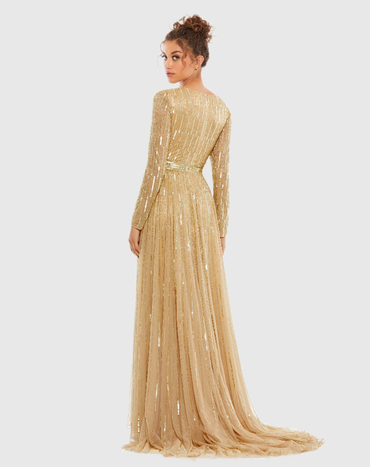 Mac Duggal 4977 Sequined V Neck Illusion Sleeve A Line Gown