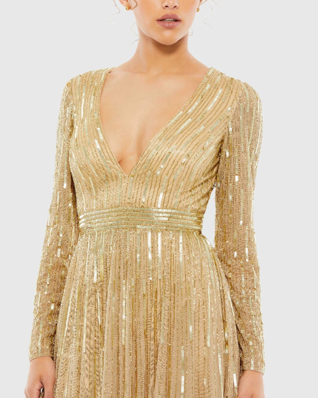 Mac Duggal 4977 Sequined V Neck Illusion Sleeve A Line Gown