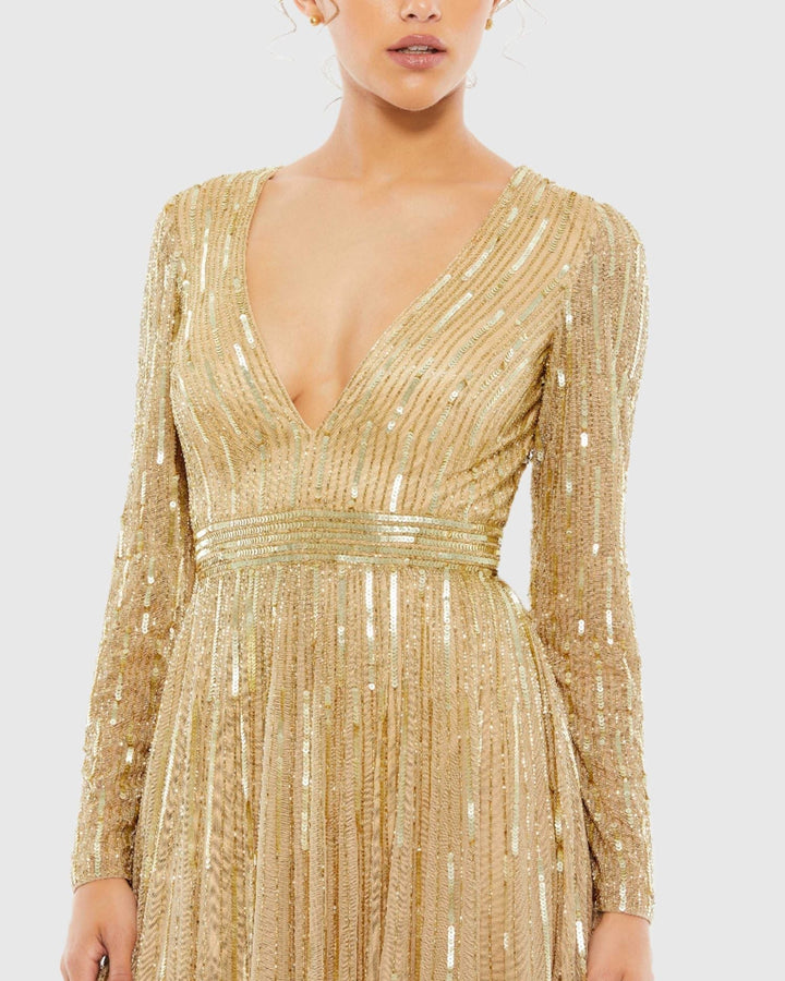 Mac Duggal 4977 Sequined V Neck Illusion Sleeve A Line Gown
